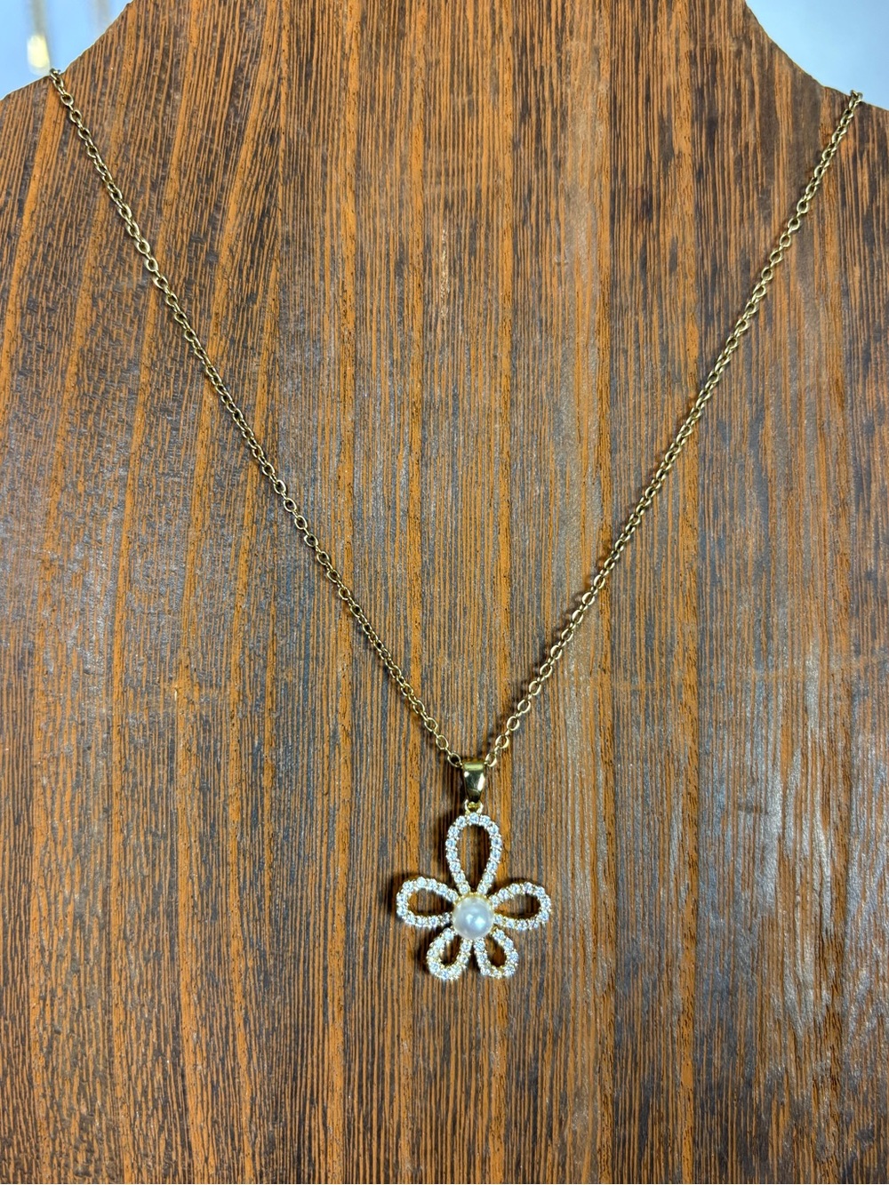 Gold Floral Pendant Necklace with White Stones